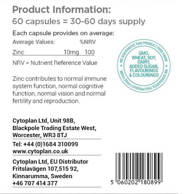 Cytoplan Wholefood Zinc Label 1