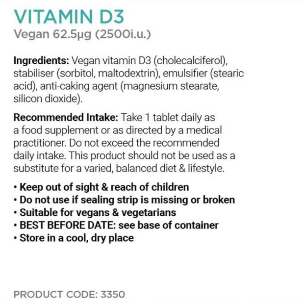 Cytoplan Vitamin D3 62.5µg (2500i.u.) Wholefood Vegan ingredients