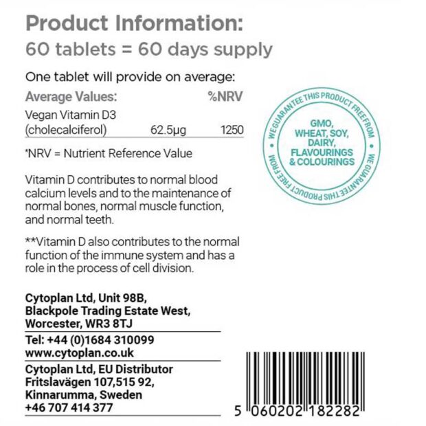 Cytoplan Vitamin D3 62.5µg (2500i.u.) Wholefood Vegan product info