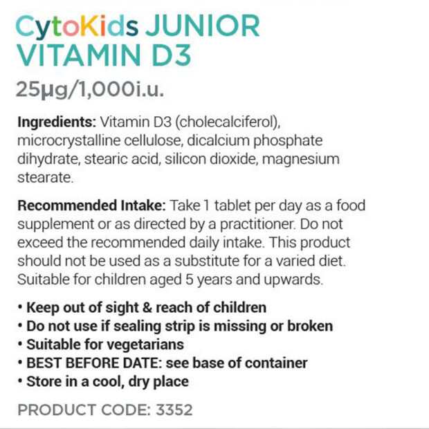 Cytoplan Junior Vitamin D3 25µg/1000i.u. 60 tablets - Image 3