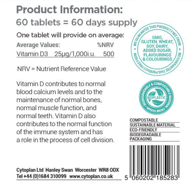 Cytoplan Junior Vitamin D3 25µg/1000i.u. 60 tablets - Image 2